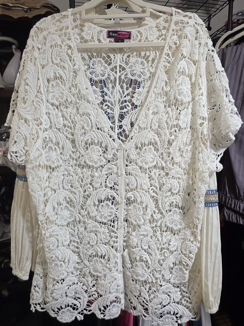 SAY WHAT?  Cream Crochet Lace Open Front Tunic Cardigan